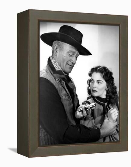 RED RIVER, 1948 directed by HOWARD HAWKS John Wayne and Joanne Dru (b/w photo)-null-Framed Stretched Canvas