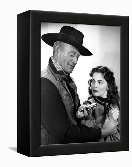 RED RIVER, 1948 directed by HOWARD HAWKS John Wayne and Joanne Dru (b/w photo)-null-Framed Stretched Canvas