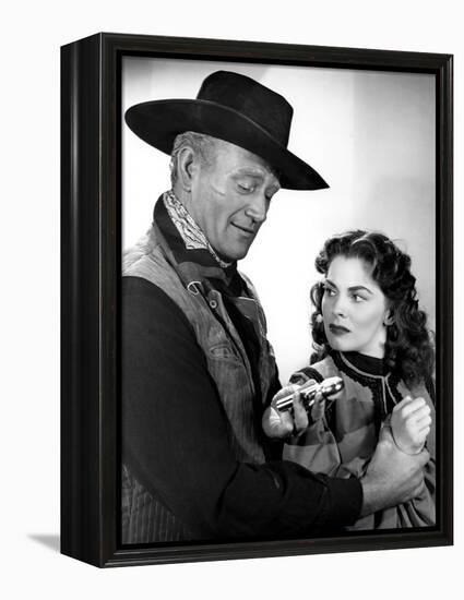 RED RIVER, 1948 directed by HOWARD HAWKS John Wayne and Joanne Dru (b/w photo)-null-Framed Stretched Canvas