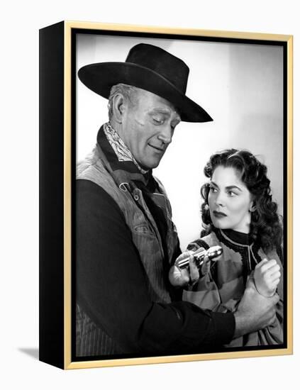 RED RIVER, 1948 directed by HOWARD HAWKS John Wayne and Joanne Dru (b/w photo)-null-Framed Stretched Canvas