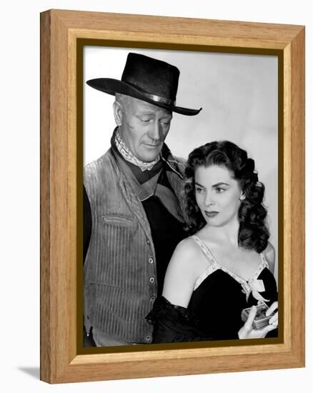 RED RIVER, 1948 directed by HOWARD HAWKS John Wayne and Joanne Dru (b/w photo)-null-Framed Stretched Canvas