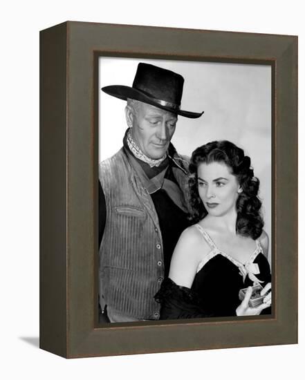 RED RIVER, 1948 directed by HOWARD HAWKS John Wayne and Joanne Dru (b/w photo)-null-Framed Stretched Canvas