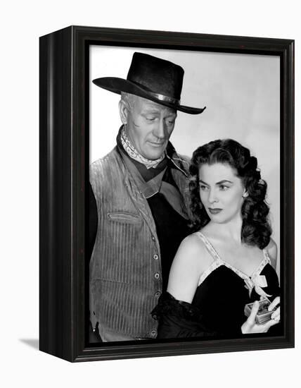 RED RIVER, 1948 directed by HOWARD HAWKS John Wayne and Joanne Dru (b/w photo)-null-Framed Stretched Canvas