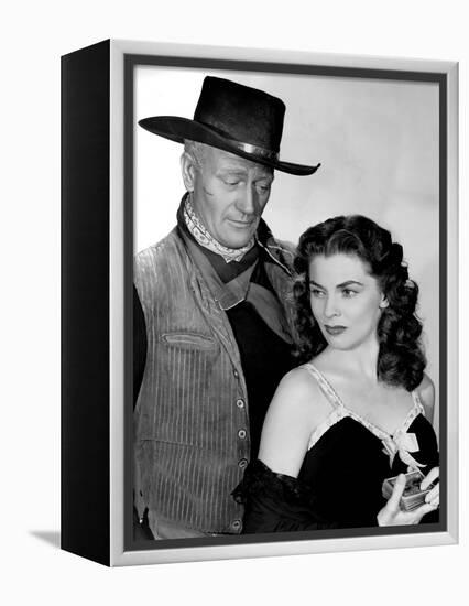 RED RIVER, 1948 directed by HOWARD HAWKS John Wayne and Joanne Dru (b/w photo)-null-Framed Stretched Canvas