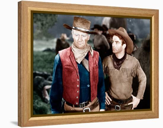 RED RIVER, from left: John Wayne, Montgomery Clift, 1948-null-Framed Stretched Canvas