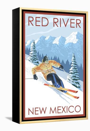 Red River, New Mexico - Downhill Skier-Lantern Press-Framed Stretched Canvas