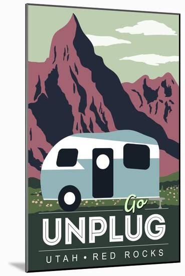 Red Rocks, Utah - Go Unplug - Retro Camper - Lantern Press Artwork-Lantern Press-Mounted Art Print