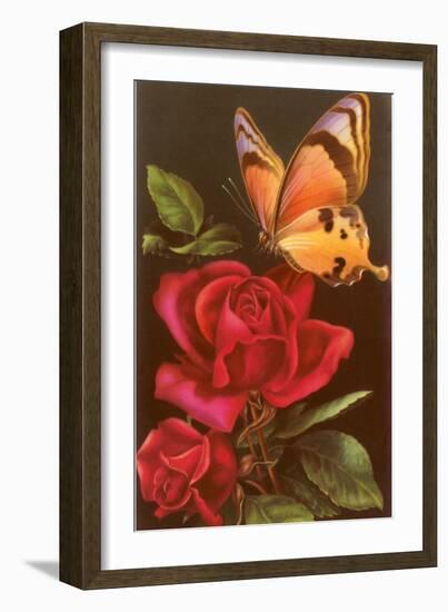 Red Roses with Yellow Swallowtail Butterfly-null-Framed Art Print