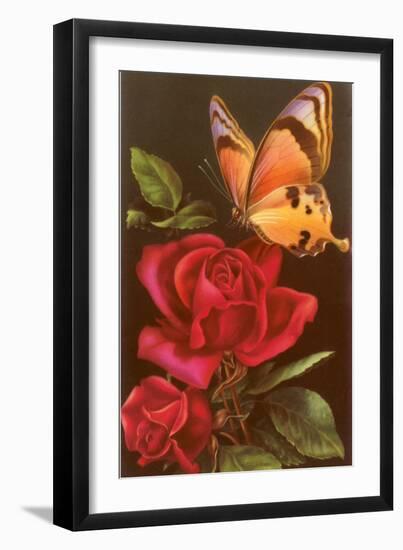 Red Roses with Yellow Swallowtail Butterfly-null-Framed Art Print