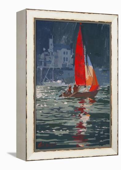 Red sail boat Salcombe - gouache - 2008-Jennifer Wright-Framed Premier Image Canvas