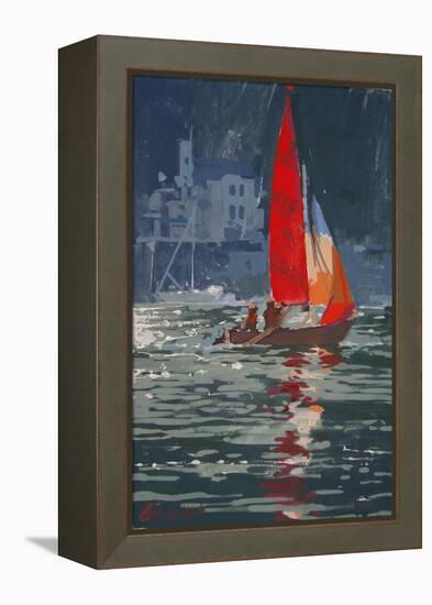 Red sail boat Salcombe - gouache - 2008-Jennifer Wright-Framed Premier Image Canvas