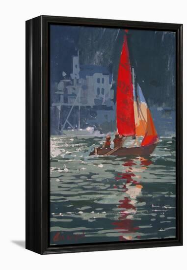 Red sail boat Salcombe - gouache - 2008-Jennifer Wright-Framed Premier Image Canvas