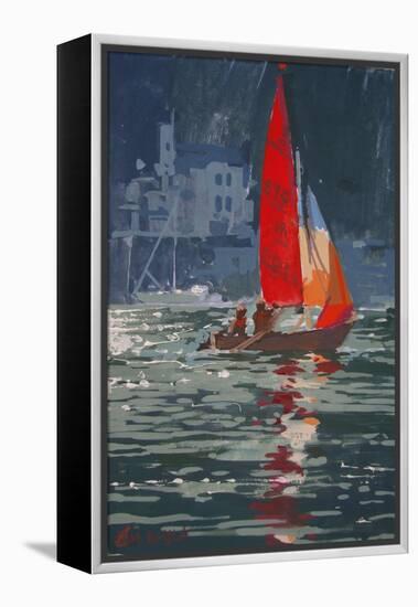 Red sail boat Salcombe - gouache - 2008-Jennifer Wright-Framed Premier Image Canvas