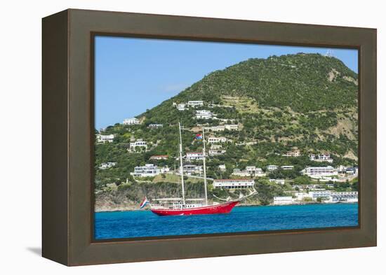 Red sailing boat in the bay of Philipsburg, Sint Maarten, West Indies, Caribbean, Central America-Michael Runkel-Framed Premier Image Canvas