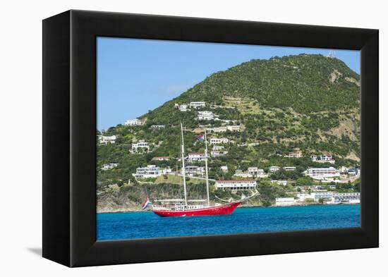 Red sailing boat in the bay of Philipsburg, Sint Maarten, West Indies, Caribbean, Central America-Michael Runkel-Framed Premier Image Canvas