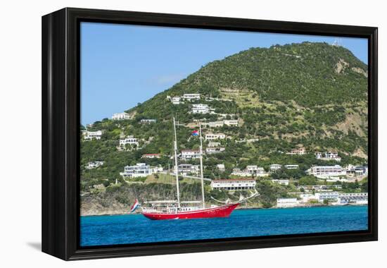 Red sailing boat in the bay of Philipsburg, Sint Maarten, West Indies, Caribbean, Central America-Michael Runkel-Framed Premier Image Canvas