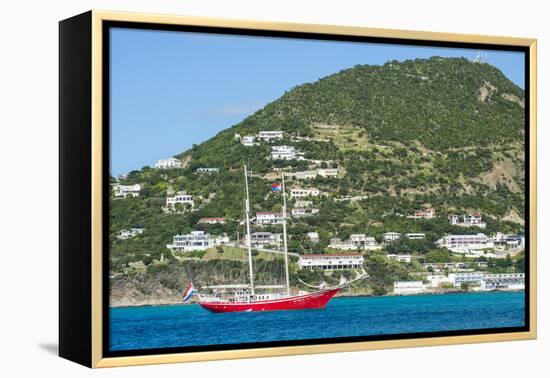 Red sailing boat in the bay of Philipsburg, Sint Maarten, West Indies, Caribbean, Central America-Michael Runkel-Framed Premier Image Canvas