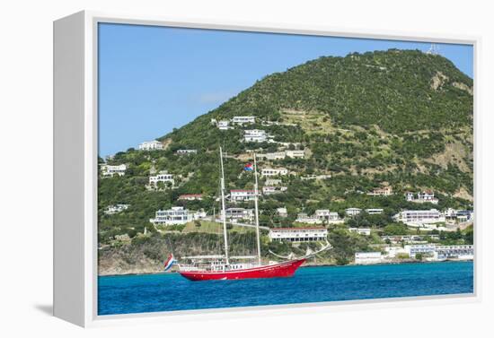 Red sailing boat in the bay of Philipsburg, Sint Maarten, West Indies, Caribbean, Central America-Michael Runkel-Framed Premier Image Canvas