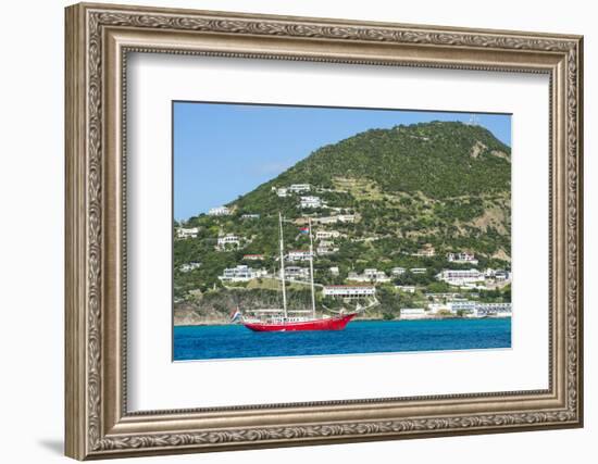 Red sailing boat in the bay of Philipsburg, Sint Maarten, West Indies, Caribbean, Central America-Michael Runkel-Framed Photographic Print