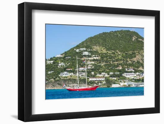 Red sailing boat in the bay of Philipsburg, Sint Maarten, West Indies, Caribbean, Central America-Michael Runkel-Framed Photographic Print