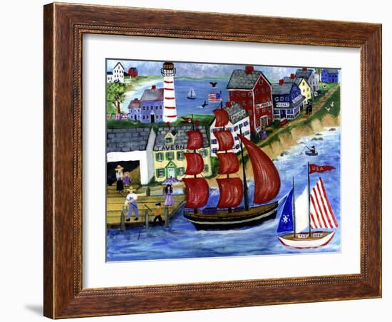 Red Sails Folk Art Seaside-Cheryl Bartley-Framed Giclee Print