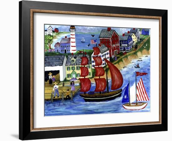 Red Sails Folk Art Seaside-Cheryl Bartley-Framed Giclee Print