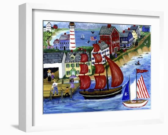 Red Sails Folk Art Seaside-Cheryl Bartley-Framed Giclee Print