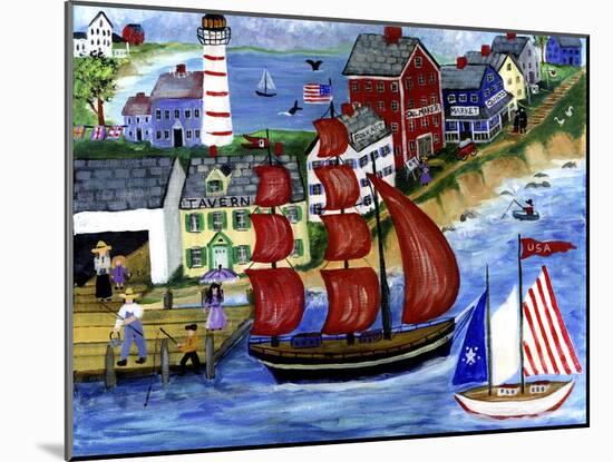 Red Sails Folk Art Seaside-Cheryl Bartley-Mounted Giclee Print