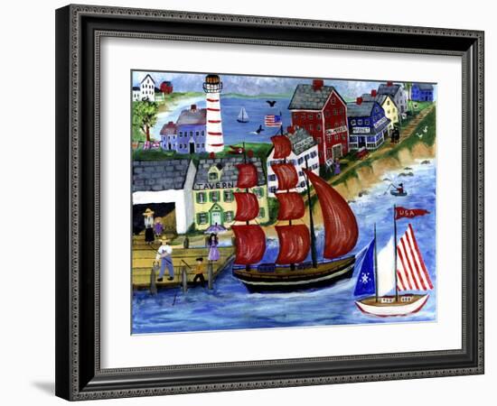 Red Sails Folk Art Seaside-Cheryl Bartley-Framed Giclee Print