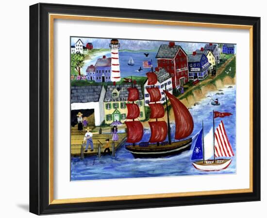 Red Sails Folk Art Seaside-Cheryl Bartley-Framed Giclee Print