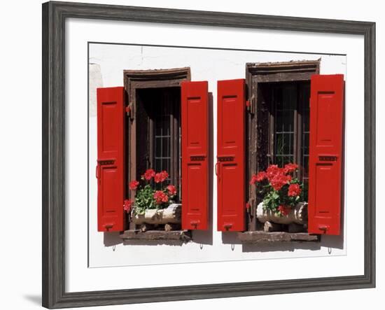 Red Shuttered Windows and Geraniums, Tasch, Near Zermatt, Valais, Switzerland-Ruth Tomlinson-Framed Photographic Print