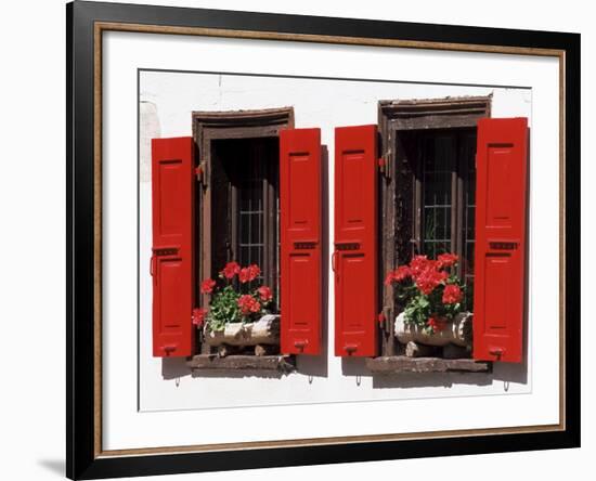 Red Shuttered Windows and Geraniums, Tasch, Near Zermatt, Valais, Switzerland-Ruth Tomlinson-Framed Photographic Print