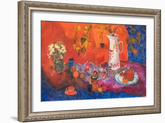 Red Still Life with White Jug and Fruit.-Ann Oram-Framed Giclee Print