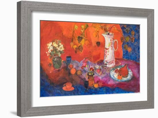 Red Still Life with White Jug and Fruit.-Ann Oram-Framed Giclee Print