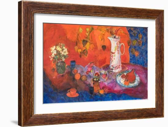 Red Still Life with White Jug and Fruit.-Ann Oram-Framed Giclee Print