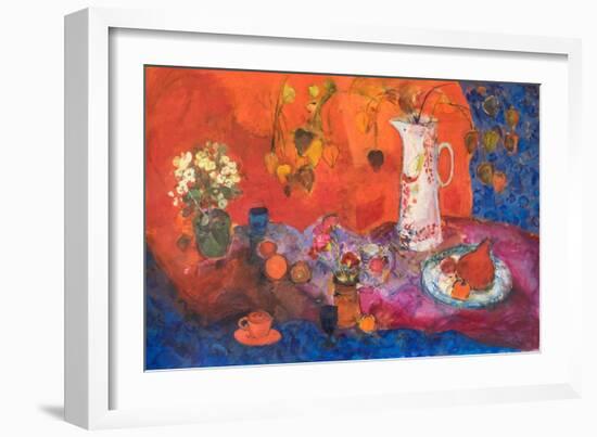 Red Still Life with White Jug and Fruit.-Ann Oram-Framed Giclee Print