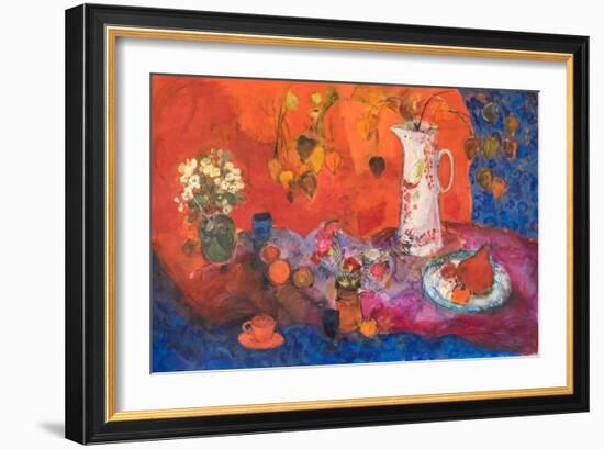 Red Still Life with White Jug and Fruit.-Ann Oram-Framed Giclee Print