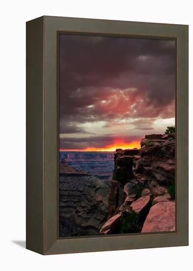 Red sunset with moody clouds and red rock canyons in Dead Horse Point State Park near Moab, Utah-David Chang-Framed Premier Image Canvas