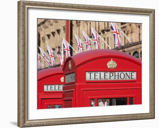 Red Telephone Boxes Opposite Harrod's, Knightsbridge, London, England, United Kingdom, Europe-Stuart Black-Framed Photographic Print