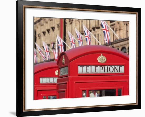 Red Telephone Boxes Opposite Harrod's, Knightsbridge, London, England, United Kingdom, Europe-Stuart Black-Framed Photographic Print