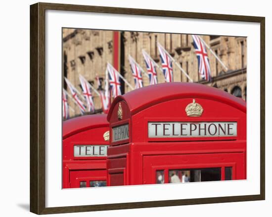 Red Telephone Boxes Opposite Harrod's, Knightsbridge, London, England, United Kingdom, Europe-Stuart Black-Framed Photographic Print