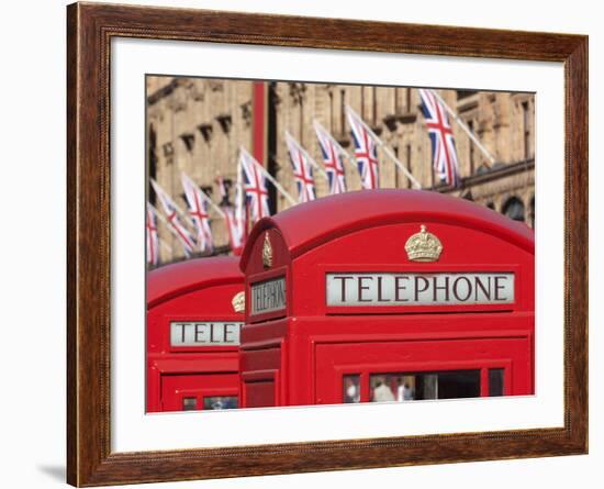 Red Telephone Boxes Opposite Harrod's, Knightsbridge, London, England, United Kingdom, Europe-Stuart Black-Framed Photographic Print