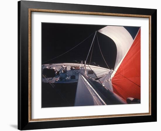 Red Topped Spinnaker Bellying Out from Nefertiti's Towering Mast During America's Cup Trials-George Silk-Framed Photographic Print