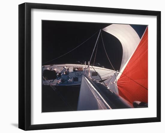 Red Topped Spinnaker Bellying Out from Nefertiti's Towering Mast During America's Cup Trials-George Silk-Framed Photographic Print