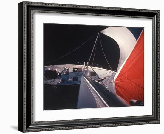 Red Topped Spinnaker Bellying Out from Nefertiti's Towering Mast During America's Cup Trials-George Silk-Framed Photographic Print