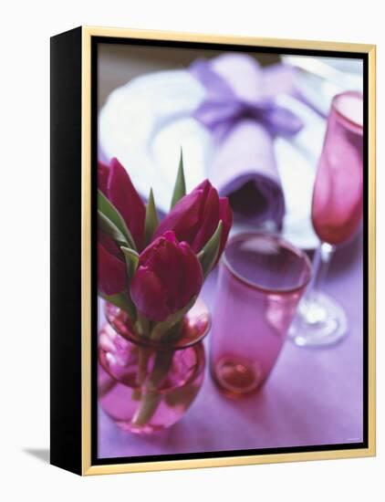 Red Tulips in Small Vase Beside Place Setting-Michael Paul-Framed Premier Image Canvas