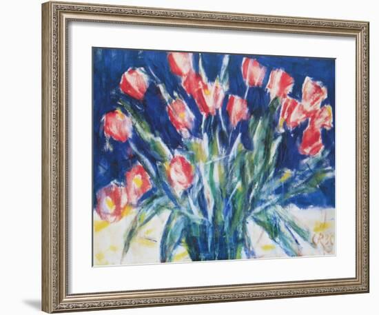 Red Tulips on Blue, 1930-Christian Rohlfs-Framed Art Print