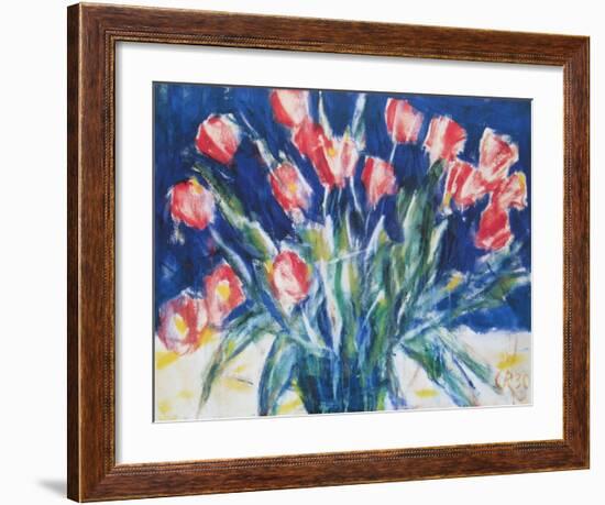 Red Tulips on Blue, 1930-Christian Rohlfs-Framed Art Print