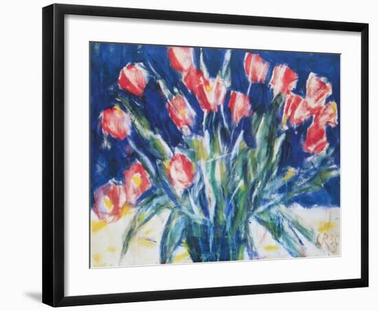 Red Tulips on Blue, 1930-Christian Rohlfs-Framed Art Print