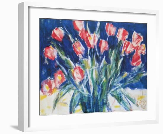 Red Tulips on Blue, 1930-Christian Rohlfs-Framed Art Print